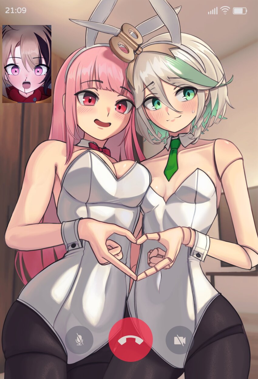 3girls, absurdres, alternate_costume, animal_ears, aroused_nosebleed, averting_eyes, battery_indicator, black_pantyhose