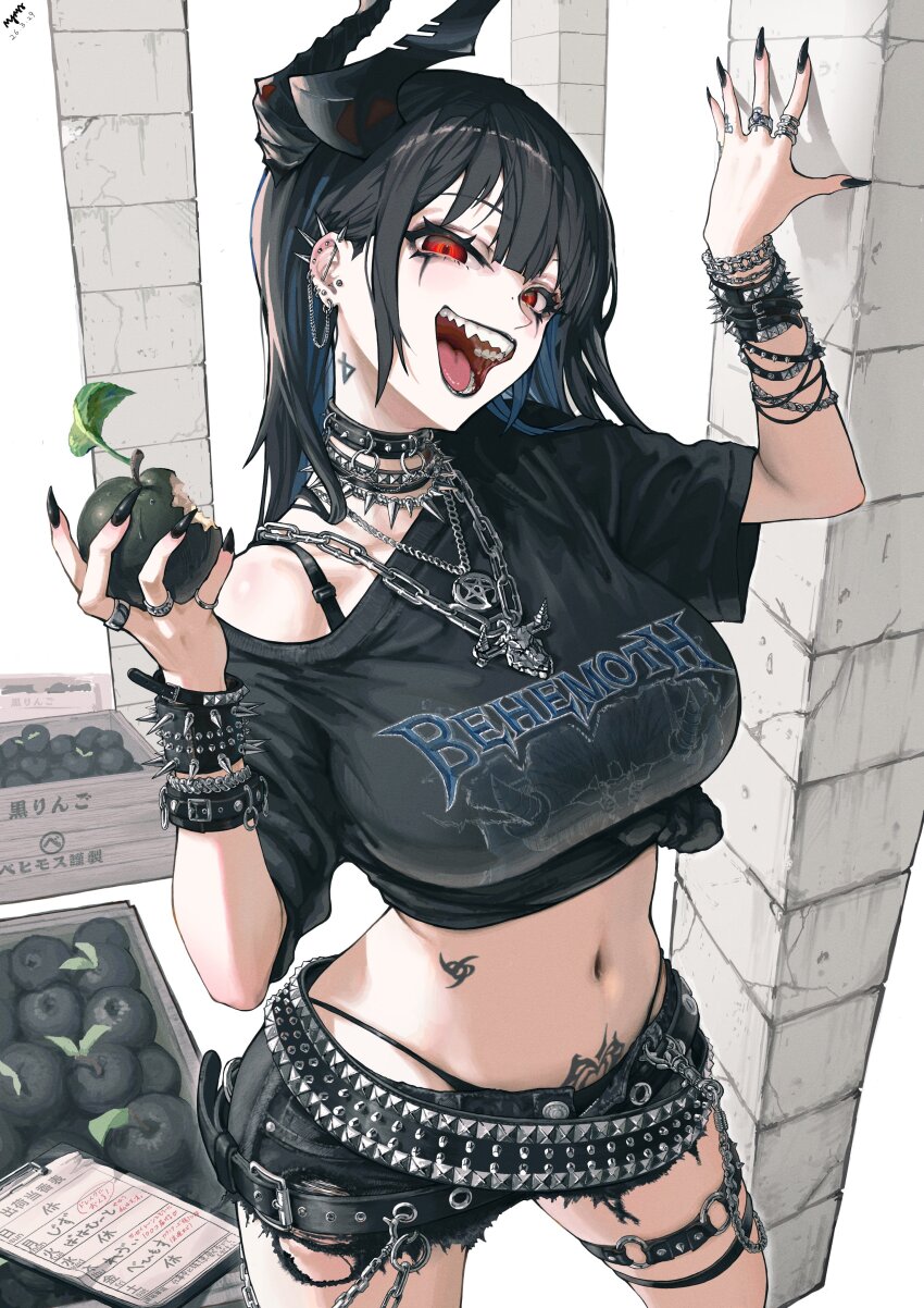 1girl, absurdres, alternate_costume, apple, arm_up, artist_name, barbell_piercing, behemoth_(nikke), belt, belt_buckle, black_apple, black_belt, black_collar, black_eyeliner, black_hair, black_horns, black_nails, black_panties, black_shirt, black_shorts, blunt_bangs, bra_strap, bracelet, breasts, buckle, chain, chain_necklace, character_name, clipboard, clothes_writing, collar, commentary_request, cowboy_shot, crate, dated, ear_chain, ear_piercing, eyeliner, fangs, fingernails, food, food_bite, fruit, goddess_of_victory:_nikke, hair_behind_ear, half-closed_eyes, hand_up, highres, holding, holding_food, holding_fruit, horns, industrial_piercing, jewelry, large_breasts, linked_piercing, long_fingernails, long_hair, looking_at_viewer, loose_belt, makeup, mayamadesu, midriff, mole, mole_on_nose, multiple_belts, multiple_bracelets, multiple_necklaces, multiple_rings, nail_polish, navel, neck_tattoo, necklace, o-ring, o-ring_thigh_strap, open_clothes, open_fly, open_mouth, open_shorts, panties, partially_translated, pentagram_necklace, piercing, pillar, pubic_tattoo, red_eyes, revision, ring, shirt, short_shorts, short_sleeves, shorts, single_off_shoulder, smile, solo, spiked_belt, spiked_bracelet, spiked_collar, spiked_ear_piercing, spikes, standing, stomach, stomach_tattoo, string_panties, studded_belt, studded_collar, tattoo, teeth, thigh_strap, tied_shirt, torn_clothes, torn_shorts, translation_request, underwear, white_background