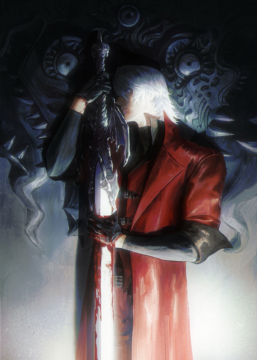 1boy, absurdres, alastor_(sword), bishounen, black_gloves, blood, blood_on_hands, bloody_weapon