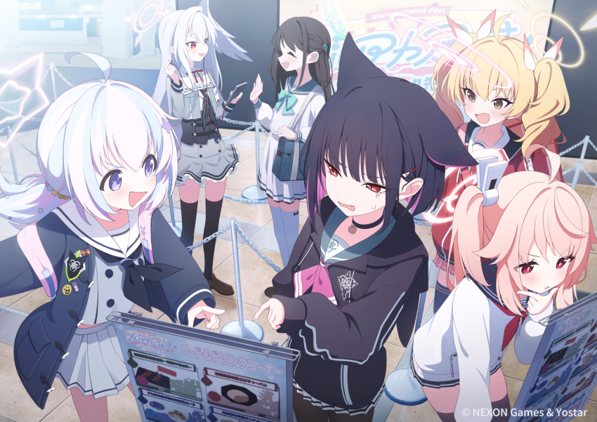 6+girls, :d, ^_^, after-school_sweets_club_(blue_archive), ahoge, airi_(blue_archive), animal_ears, black_choker