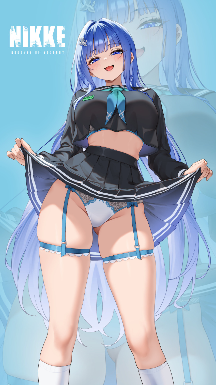 1girl, 4ddd, :d, absurdres, arcana_(fortune_mate)_(nikke), arcana_(nikke), blue_eyes, blue_hair