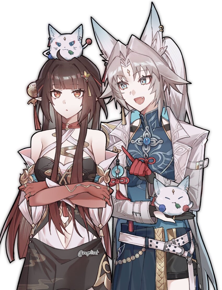 2girls, ahoge, animal_ear_fluff, animal_ears, aqua_eyes, asymmetrical_gloves, belt, blunt_bangs