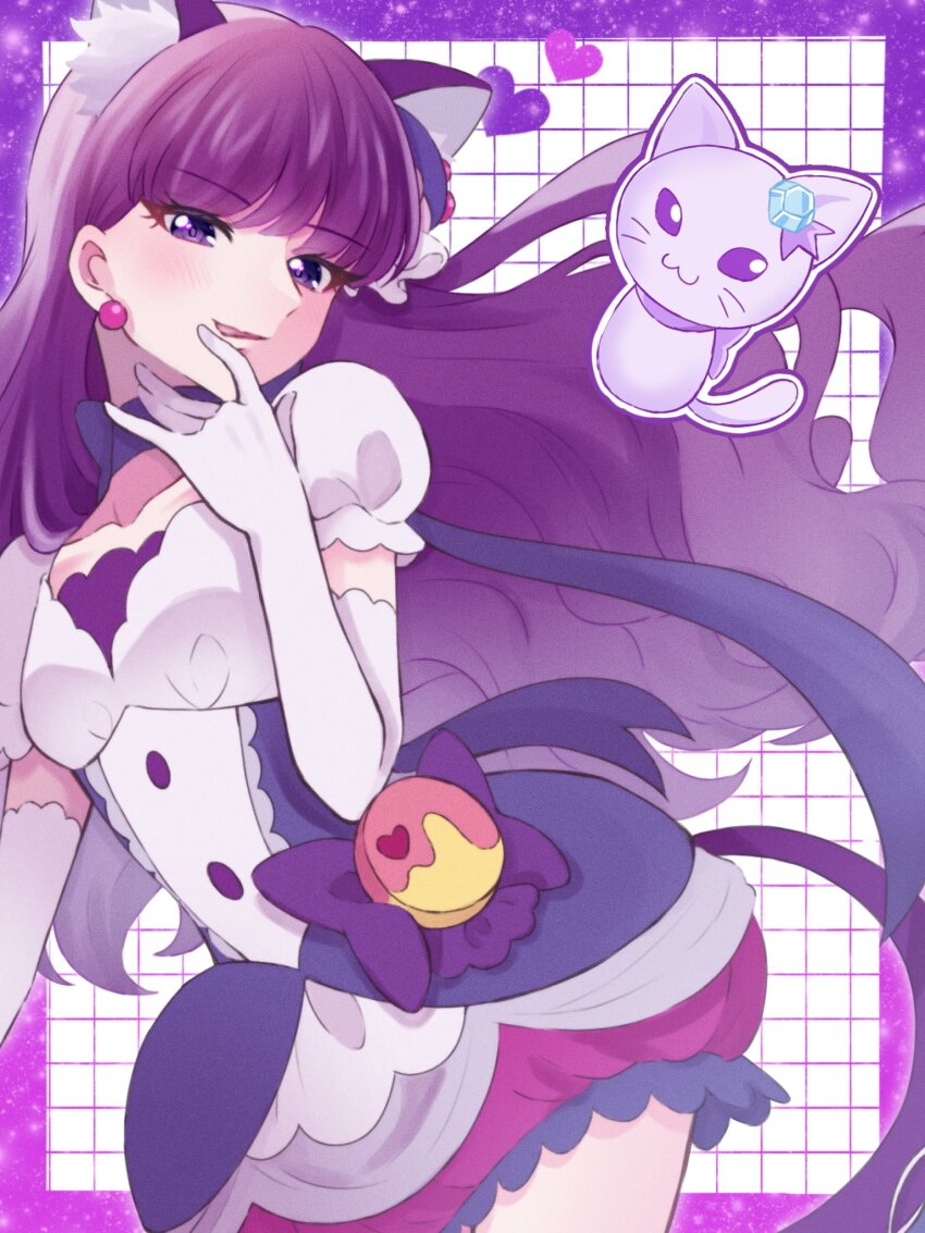 1girl, animal_ear_fluff, animal_ears, back_bow, blunt_bangs, border, bow, bow_choker, bubble_skirt, buttons, cat, cat_ears, cat_girl, cat_tail, center_frills, choker, collarbone, commentary, corset, cowboy_shot, crystal_animal_(precure), cure_macaron, earrings, elbow_gloves, eyelashes, food, food-themed_hair_ornament, frilled_skirt, frilled_sleeves, frills, gloves, grid_background, hair_ornament, hand_on_own_chin, happy, heart, highres, jewelry, kirakira_precure_a_la_mode, kotozume_yukari, long_hair, macaron, magical_girl, miniskirt, outside_border, precure, puffy_short_sleeves, puffy_sleeves, purple_border, purple_bow, purple_choker, purple_corset, purple_eyes, purple_hair, purple_skirt, purple_theme, shigen_pr, shirt, short_sleeves, skirt, solo, sphere_earrings, square_neckline, standing, tail, untranslatable_commentary, very_long_hair, waist_bow, wavy_hair, white_background, white_gloves, white_shirt