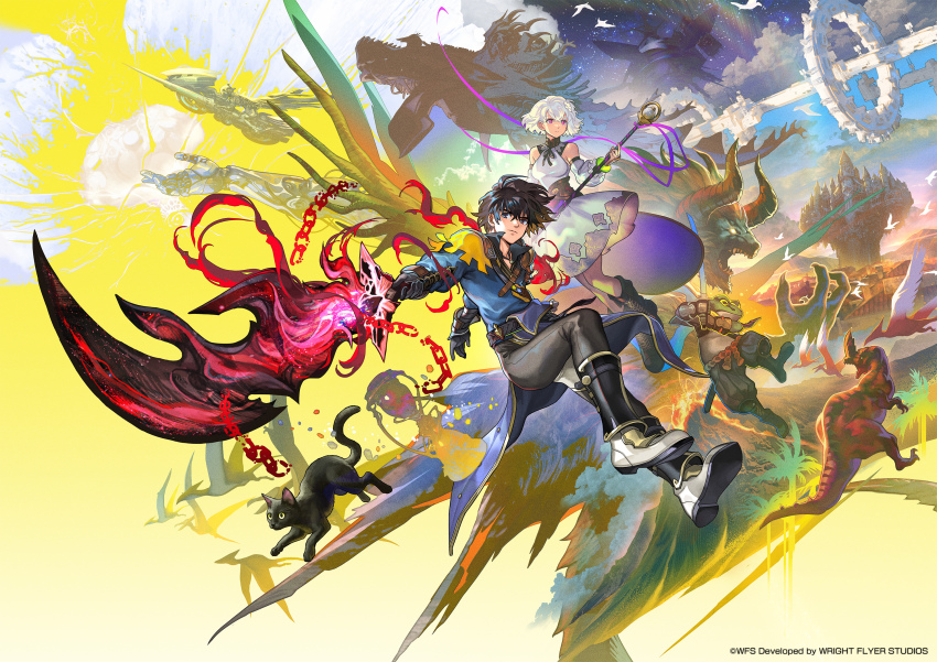 aircraft, airship, aldo_(another_eden), another_eden, black_eyes, black_hair, broken, broken_chain