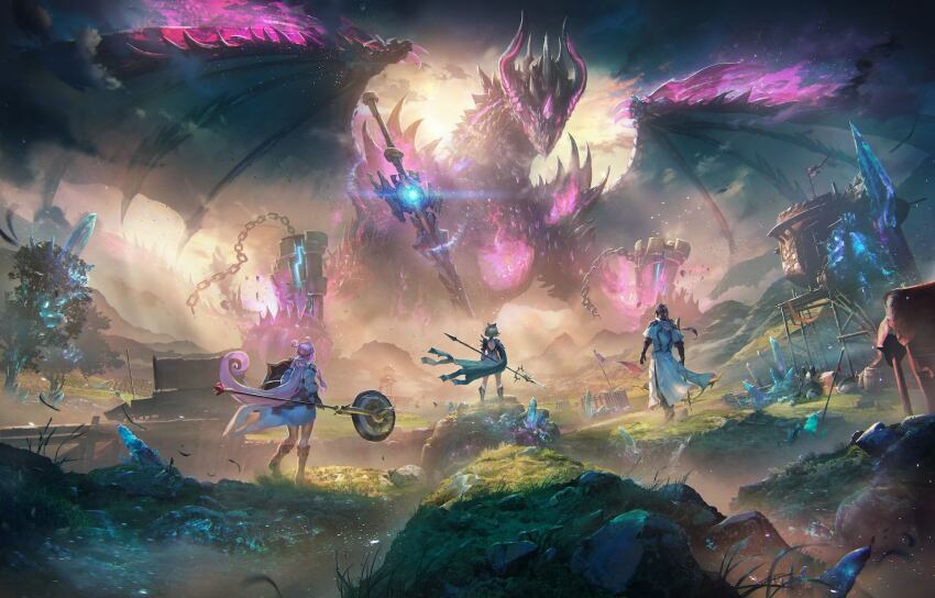 1boy, 2girls, another_eden, another_eden_art_team, boots, bow_(weapon), broken, broken_chain