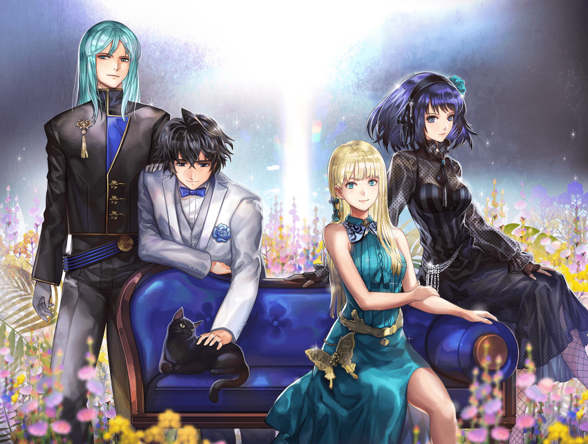 2boys, 2girls, aldo_(another_eden), another_eden, another_eden_art_team, aqua_dress, aqua_eyes, aqua_hair