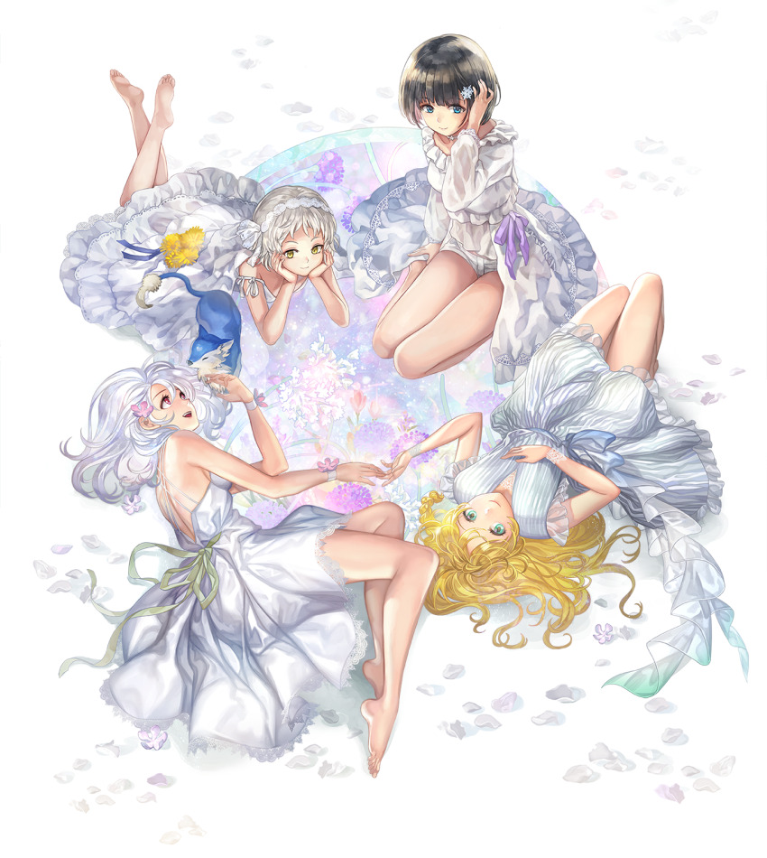 1boy, 3girls, another_eden, another_eden_art_team, back, bare_legs, bare_shoulders, barefoot, black_hair, blonde_hair, blue_eyes, ciel_(another_eden), crossdressing, crossdressing_(mtf), dress, feet, feinne_(another_eden), flower, frills, green_eyes, grey_hair, hair_flower, hair_ornament, head_rest, highres, lace, long_hair, lying, melina_(another_eden), multiple_girls, off_shoulder, official_art, on_back, on_side, on_stomach, petals, red_eyes, ribbon, saki_(another_eden), short_hair, sitting, soles, thighs, toes, trap, white_background, white_dress, white_hair, white_petals, wristband, yellow_eyes