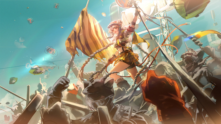 1girl, arknights, arm_up, artist_request, cairn_(arknights), clenched_hand, cropped_jacket, fingerless_gloves