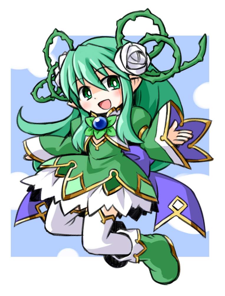 1girl, ankle_boots, boots, border, commentary_request, dress, flower, gold_trim