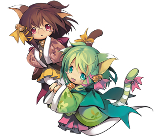 2girls, animal_ears, bell, blush_stickers, brown_eyes, brown_hair, brown_scarf, brown_shirt