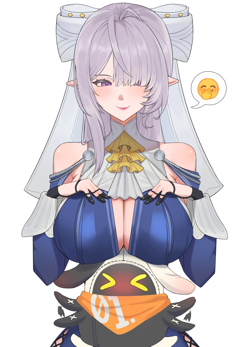 >_<, 1girl, absurdres, afterimage, ascot, bangboo_(zenless_zone_zero), bare_shoulders, black_gloves