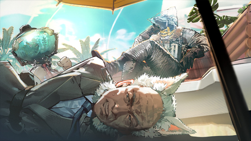 1other, 2boys, arknights, artist_request, bag, blue_scales, bound, cat_boy