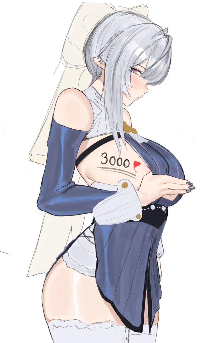 1girl, adapted_costume, bare_shoulders, blue_dress, blush, body_writing, breasts, dress