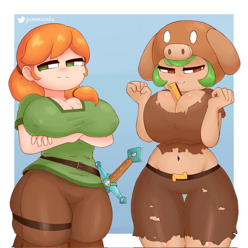 2girls, alex_(minecraft), animal_ears, breasts, brown_pants, commentary, english_commentary, gammainks