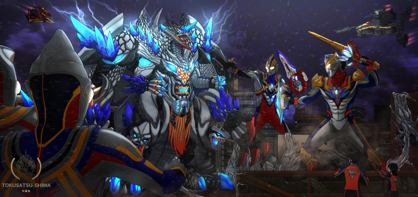 4boys, absurdres, alien, armor, battle, bioluminescence, blue_skin, chest_guard