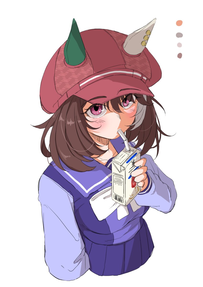 1girl, absurdres, animal_ears, blush, bow, bowtie, breasts, brown_hair, drink_carton, drinking_straw, drinking_straw_in_mouth, ear_covers, ears_through_headwear, hair_between_eyes, hat, highres, holding, holding_juice_box, horse_ears, horse_girl, juice_box, long_sleeves, looking_at_viewer, marche_lorraine_(umamusume), mismatched_ear_covers, pleated_skirt, purple_eyes, purple_sailor_collar, purple_serafuku, purple_shirt, purple_skirt, sailor_collar, sailor_shirt, school_uniform, serafuku, shirt, short_hair, skirt, tracen_school_uniform, umamusume, white_bow, white_bowtie, yukito_(yukito85476)