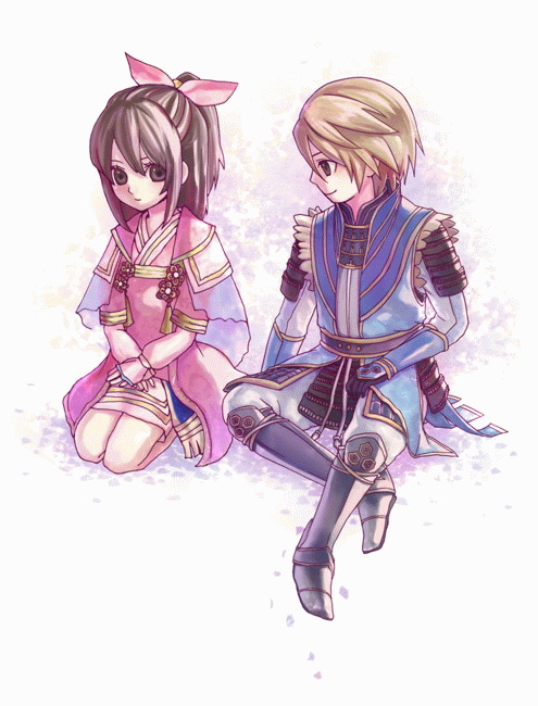 azai_nagamasa_(sengoku_musou), bow, brown_hair, kneeling, oichi_(sengoku_musou), sengoku_musou, smile, tagme