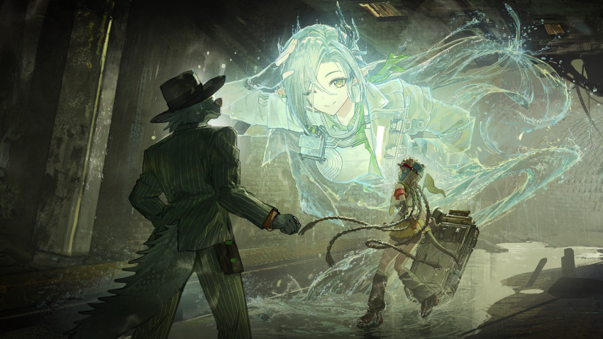 1boy, 2girls, arknights, artist_request, asymmetrical_horns, cairn_(arknights), cowboy_shot, facing_away