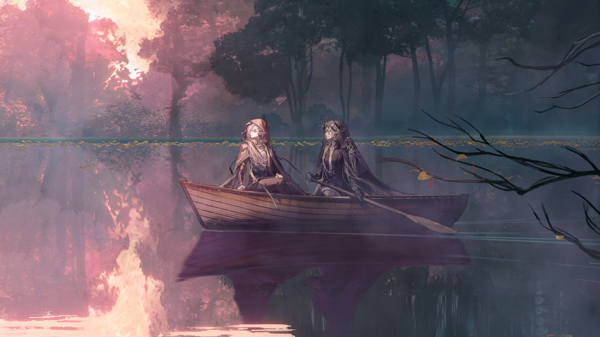 2girls, arknights, artist_request, boat, branch, fog, fu'ila_(arknights), game_cg