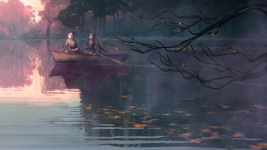 2girls, arknights, artist_request, boat, branch, fog, fu'ila_(arknights), game_cg