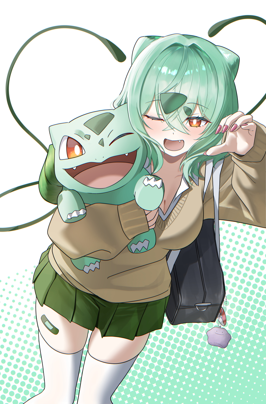 1girl, :d, absurdres, bag, bandaid_on_thigh, black_bag, breasts, bright_pupils