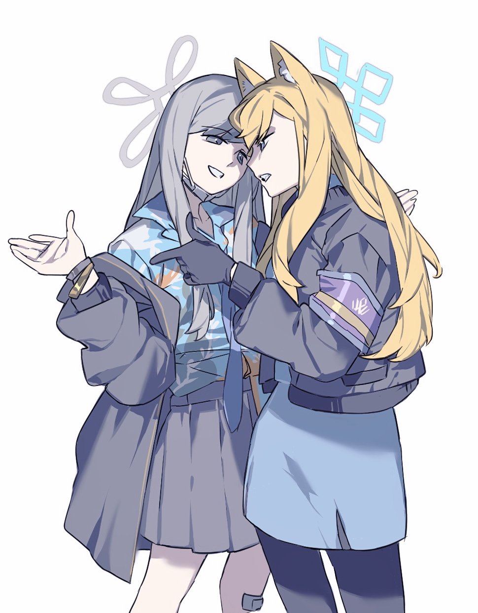 2girls, animal_ears, bare_legs, blonde_hair, blue_archive, blue_hair, carnivalaki, gloves