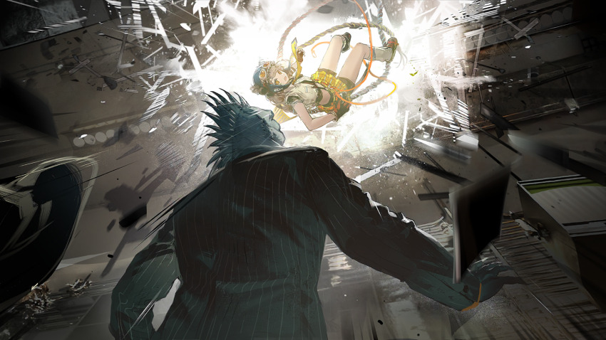 1boy, 1girl, arknights, artist_request, bike_shorts, bike_shorts_under_skirt, blue_hat, cairn_(arknights)