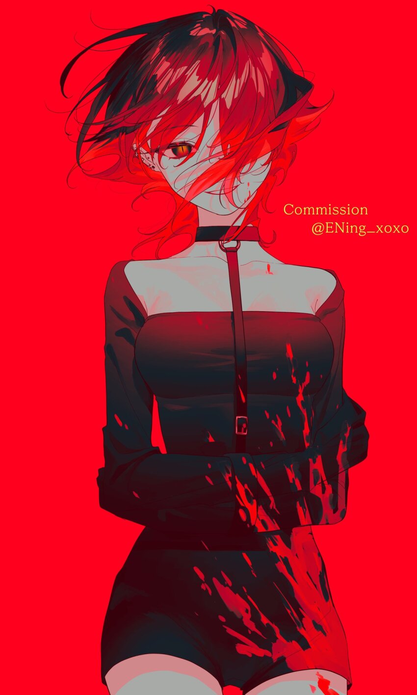 1girl, black_choker, black_dress, black_hair, blood, blood_on_clothes, blood_splatter, breasts