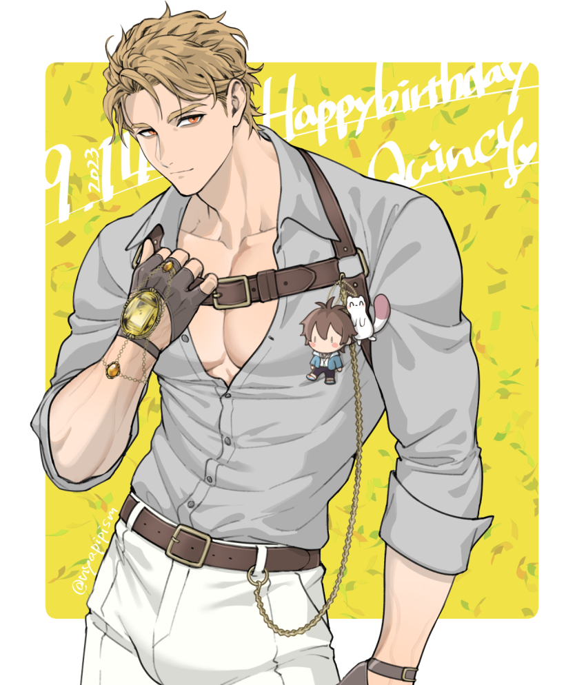 1boy, animal, animal_on_shoulder, bags_under_eyes, belt, belt_buckle, birthday_date, black_gloves