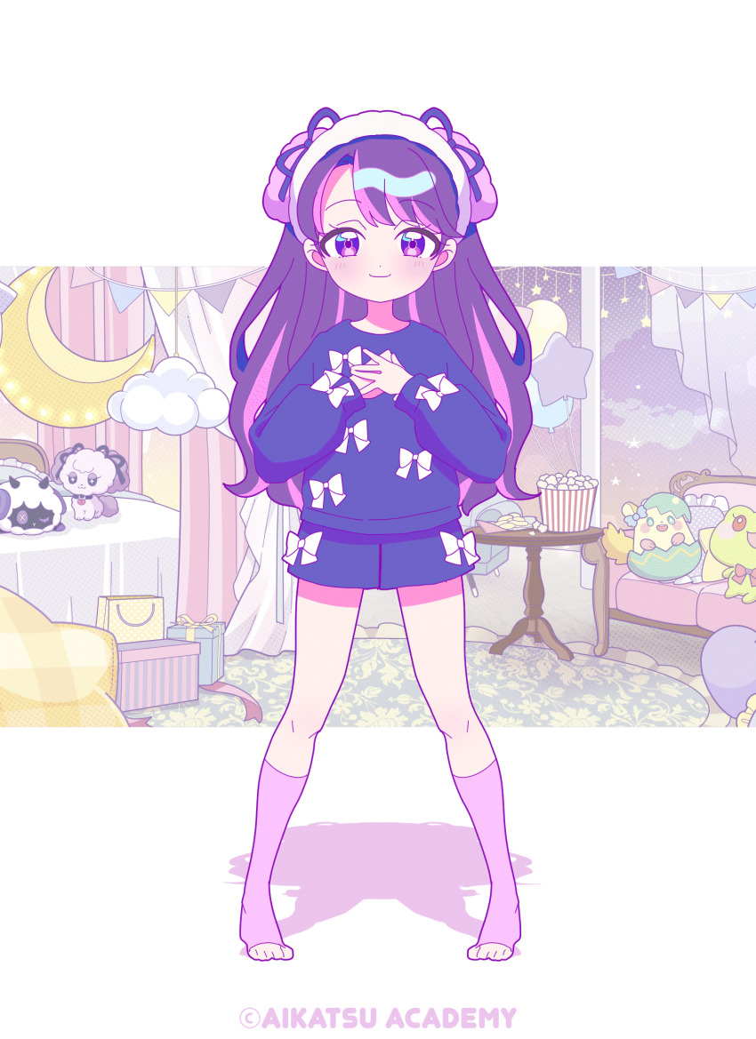 >_<, 19_okeke, 4girls, :d, aikatsu!_(series), aikatsu_academy!, animated, animated_gif, arms_up, barefoot, blue_hair, blue_pajamas, bow, closed_eyes, commentary_request, copyright_name, dancing, dress, full_body, green_dress, grey_hair, hair_bow, highres, himeno_mieru, indoors, long_hair, long_sleeves, looking_at_viewer, mamimu_meh, multicolored_hair, multiple_girls, official_alternate_costume, official_art, open_mouth, own_hands_together, pajamas, pink_eyes, pink_hair, purple_eyes, purple_hair, purple_pajamas, rindou_taimu, shadow, short_hair, sleepwear, smile, standing, standing_on_one_leg, streaked_hair, turning_around, virtual_youtuber, wao_parin, white_pajamas