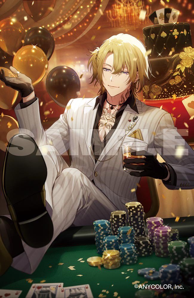 1boy, balloon, black_gloves, black_shoes, blonde_hair, cake, card, chest_tattoo