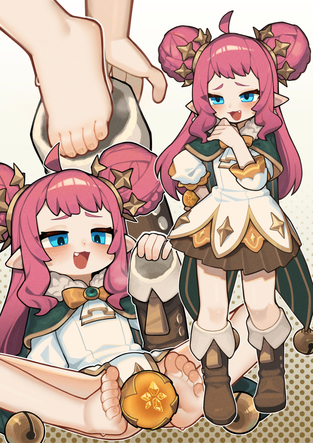 1girl, ahoge, barefoot, blue_eyes, boots, double_bun, fang, feet