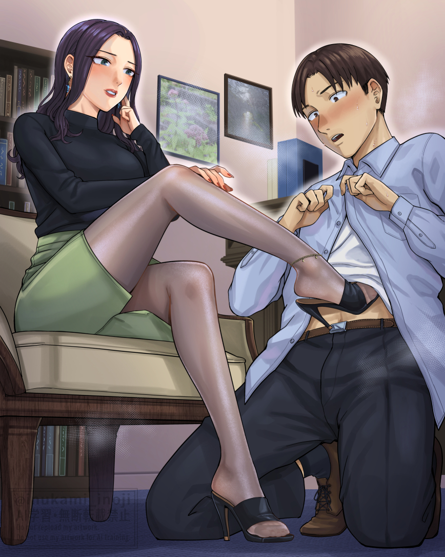 1boy, 1girl, age_difference, ankle_socks, anklet, belt, belt_buckle, black_hair