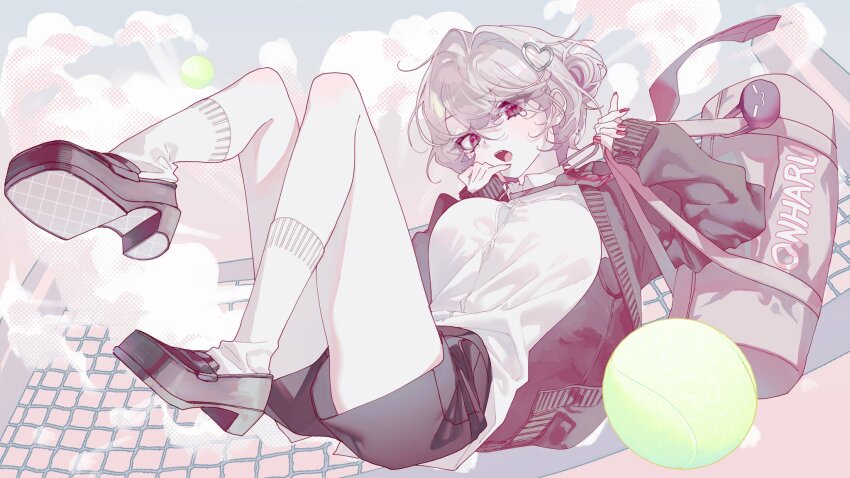 1girl, ball, black_shoes, black_shorts, breasts, cardigan, charm_(object), dongdang