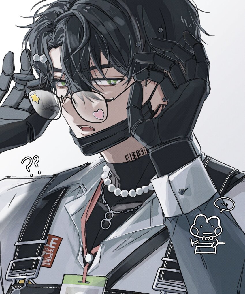 1boy, adjusting_eyewear, barcode, barcode_tattoo, belt, black_belt, black_bodysuit, black_hair