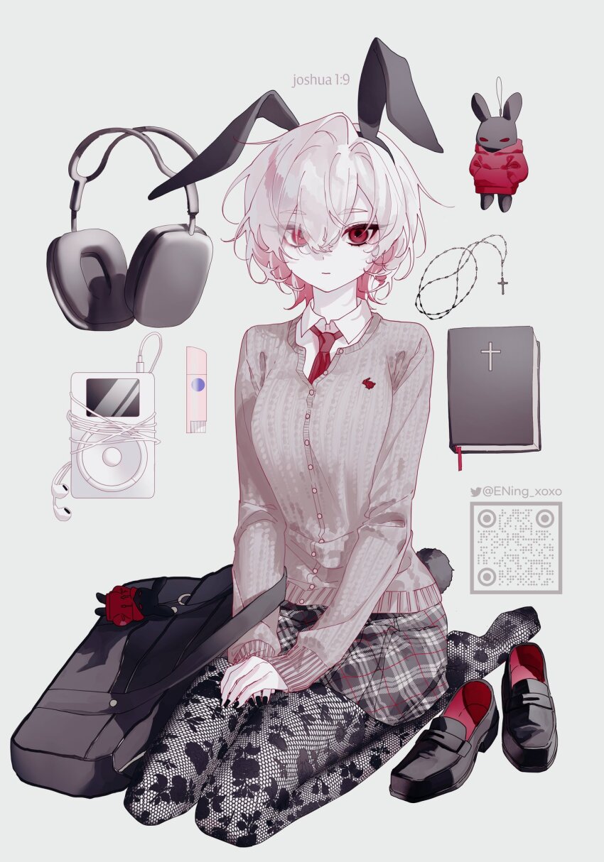 animal_ears, bag, bible_(object), bible_verse, black_bag, black_nails, black_pantyhose, black_shoes