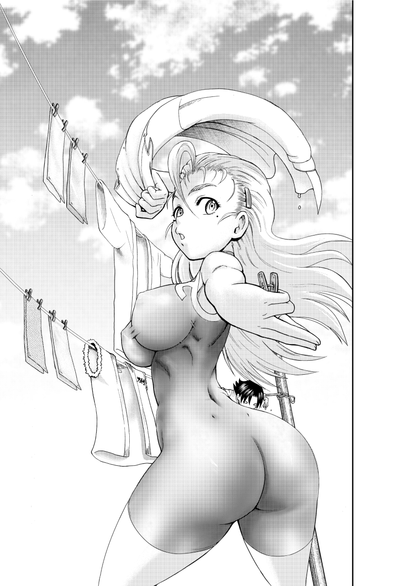 0_0, 1boy, 1girl, absurdres, arched_back, arm_up, ass, bodysuit