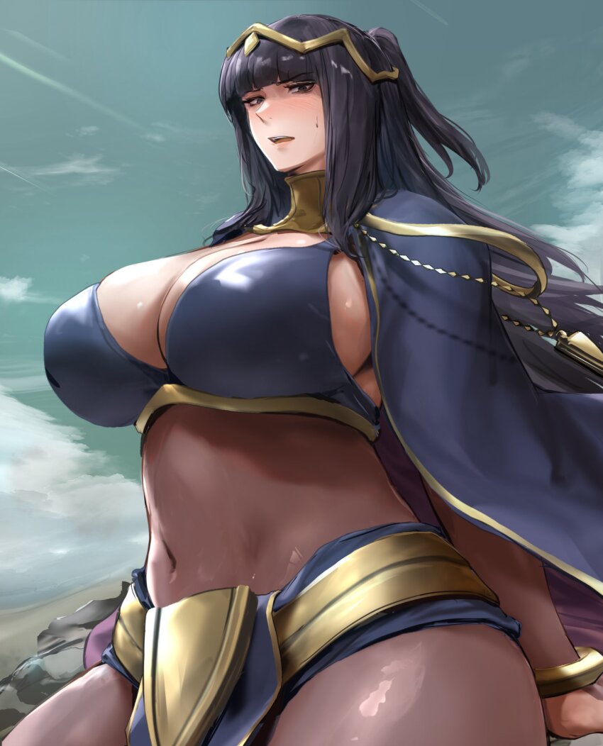 1girl, acker_feh, blush, bodystocking, breasts, cape, cleavage, female_focus