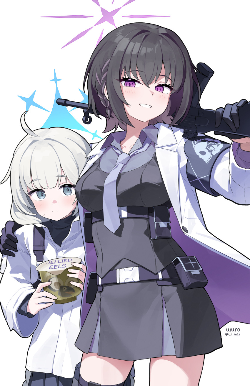 2girls, absurdres, ahoge, armband, assault_rifle, belt, belt_pouch, black_hair