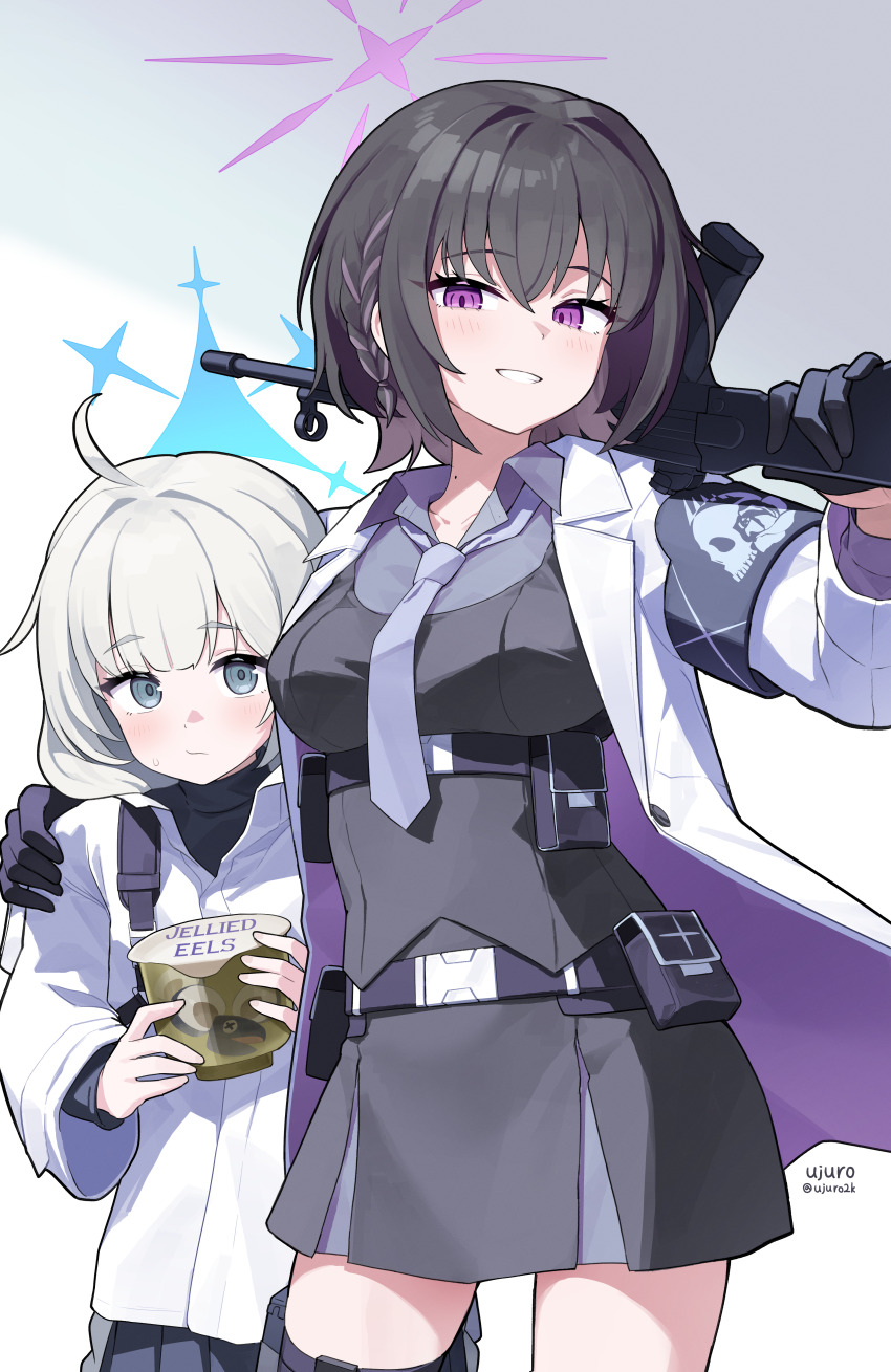 2girls, absurdres, ahoge, armband, assault_rifle, belt, belt_pouch, black_hair