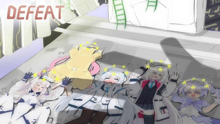 5girls, @_@, blue_archive, dazed, dress, flattened, gameplay_mechanics, gloom_(expression)