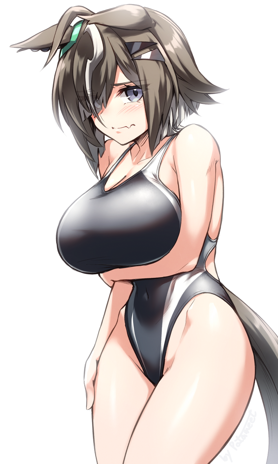1girl, ahoge, alternate_costume, animal_ears, arm_under_breasts, bad_source, bare_shoulders, black_one-piece_swimsuit