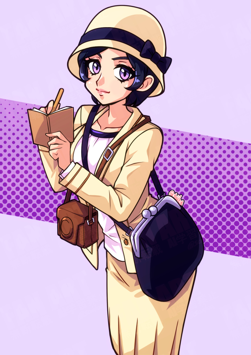 1920s_fashion, 1girl, artist_name, asakura_tae, bag, black_hair, camera, camera_around_neck