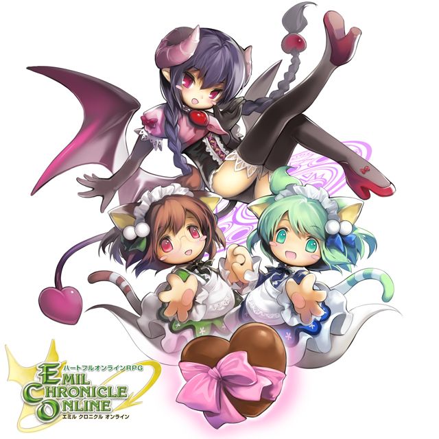 3girls, animal_ears, apron, bat_wings, black_gloves, black_leotard, black_thighhighs, blue_shirt, blush_stickers, braid, brown_hair, brown_tail, cat_ears, cat_girl, cat_tail, chocolate, copyright_logo, curled_horns, elbow_gloves, emil_chronicle_online, frilled_leotard, frills, glasses, gloves, green_eyes, green_hair, green_shirt, green_tail, hair_ornament, heart, heart_hair_ornament, heart_tail, high_heels, holding_hands, horns, leotard, logo, looking_at_viewer, maid_apron, maid_headdress, multiple_girls, nekomata_kurumi_&amp;_wakana, official_art, open_mouth, pawpads, purple_shirt, purple_tail, purple_wings, red_eyes, red_shoes, shirt, shoes, shugoma_kisaragi, siblings, skirt, sphere_hair_ornament, striped_tail, tail, thighhighs, twins, white_skirt, white_tail, wings