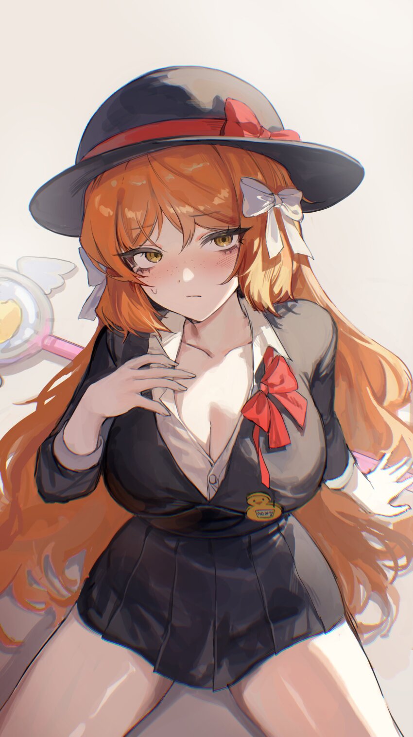 1girl, absurdres, black_hat, bow, bowtie, breasts, cleavage, hat