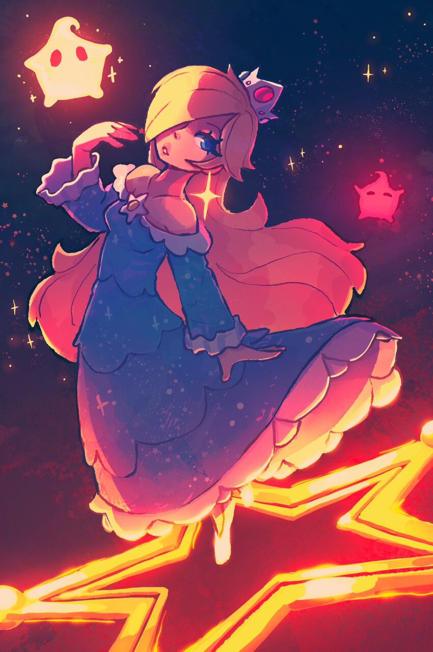 1girl, bare_shoulders, blonde_hair, blue_eyes, collarbone, commentary, crown, dress, english_commentary, frilled_dress, frills, hair_over_one_eye, highres, leafysky22, long_sleeves, looking_at_viewer, luma_(mario), mario_(series), nintendo, puffy_long_sleeves, puffy_sleeves, red_luma, rosalina, shoes, sky, solo, white_shoes, wind, wind_lift