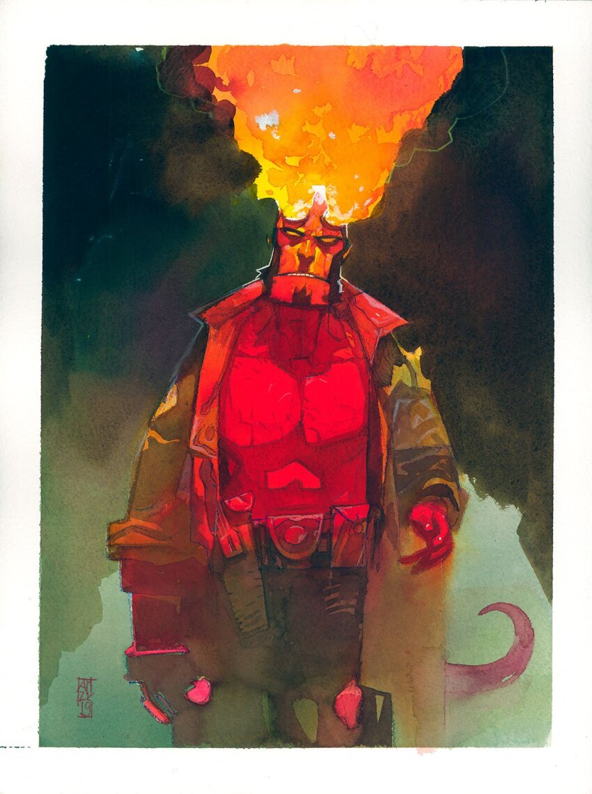 1boy, alex_maleev, broken_horns, coat, colored_skin, cowboy_shot, demon_boy, demon_tail