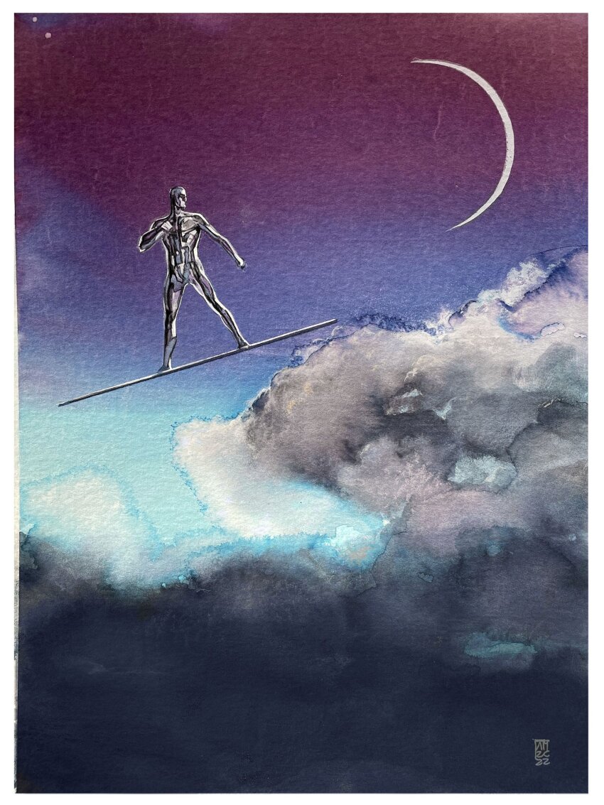 1boy, above_clouds, alex_maleev, bald, cloud, crescent_moon, flying, highres