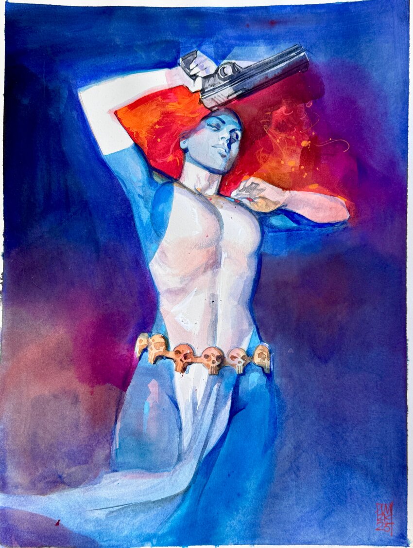 1girl, absurdres, alex_maleev, blue_skin, breasts, colored_skin, commentary, elbow_gloves, english_commentary, gloves, gun, highres, holding, holding_gun, holding_weapon, leotard, marvel, medium_breasts, mystique, orange_hair, painting_(medium), pelvic_curtain, skull_belt, solo, traditional_media, weapon, white_gloves, white_leotard, x-men