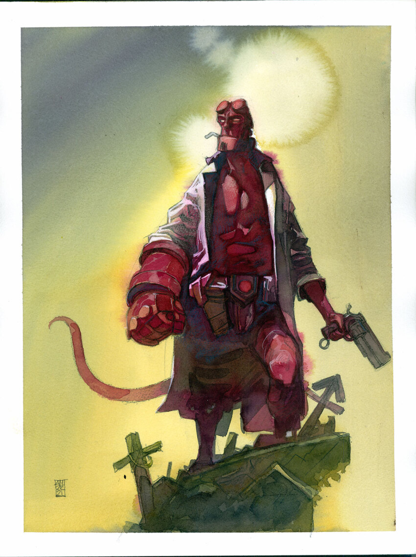 1boy, alex_maleev, broken_horns, coat, colored_skin, commentary, demon_boy, demon_tail